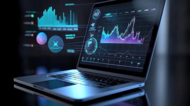 Analyse des données d'entreprise sur un ordinateur portable avec des tableaux et des graphiques surveillant la croissance financière et les progrès de l'investissement Ai générative