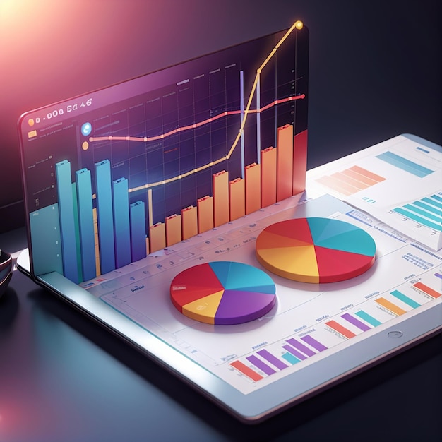 Analyse de données de graphique de rapport financier 3D et tablette de concept de développement Web avec graphique de données