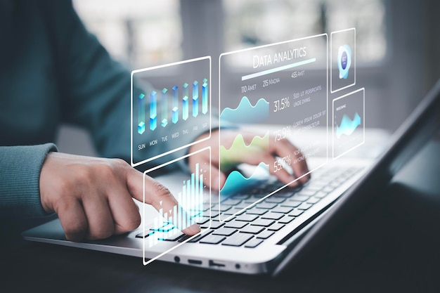Analyse des données et systèmes de gestion des données et métriques de travail connectés à la base de données de stratégie d'entreprise pour l'intelligence financière Analyse des affaires avec indicateurs de performance clés réseau social