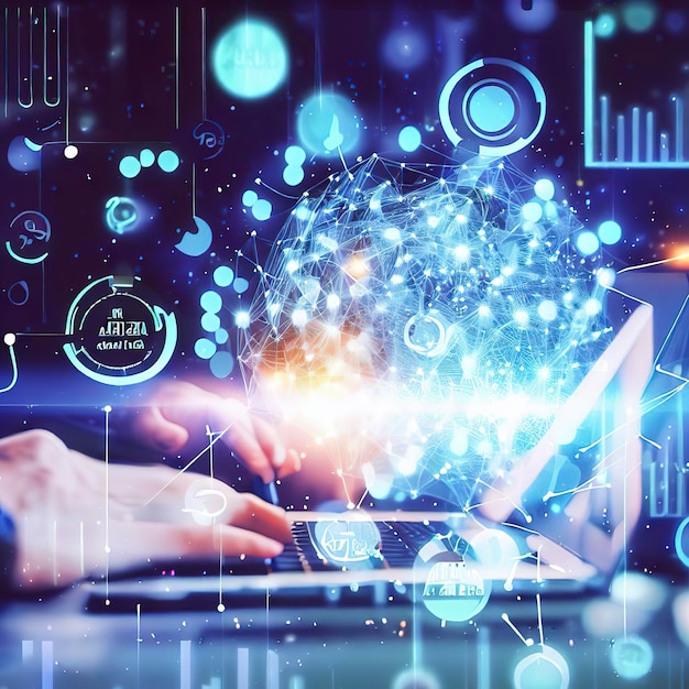 Analyse de données volumineuses avec la technologie d'intelligence artificielle pour l'analyse des affaires Insights à partir de l'extraction de données filtrage triage regroupement Scientiste des données travaillant sur l'apprentissage automatique sur un écran d'ordinateur virtuel