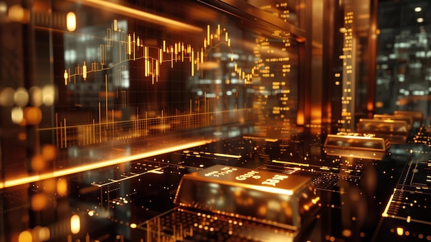 Analyse du marché bull de la barre d'or Un bureau de négociants rempli de graphiques et de diagrammes