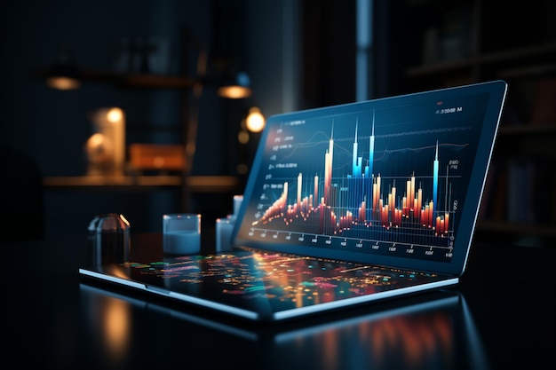 Analyse financière stratégique présentée sur une tablette 3D avec croissance virtuelle