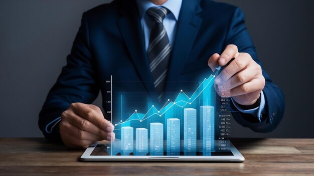 Photo analyse de l'homme d'affaires finance données de ventes et graphique de croissance économique investissement marché boursier