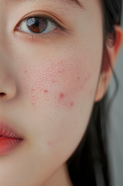 Photo analyse de la peau en gros plan femme asiatique présente des rougeurs, des lignes fines, des rides, des écailles, des taches sombres, des pores et des pustules illustrant des problèmes de teint.