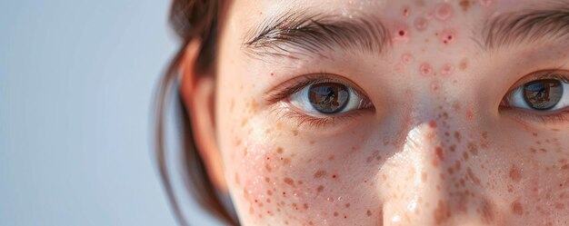 Photo analyse de la peau en gros plan femme asiatique présente des rougeurs, des lignes fines, des rides, des écailles, des taches sombres, des pores et des pustules illustrant des problèmes de teint.