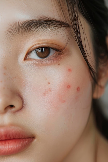 Photo analyse de la peau en gros plan femme asiatique présente des rougeurs, des lignes fines, des rides, des écailles, des taches sombres, des pores et des pustules illustrant des problèmes de teint.