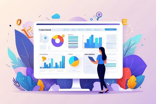 Photo analyse seo concept plat moderne pour la conception de bannières web analyste féminine étudie les données sélectionne les mots-clés et optimise le site pour les requêtes de recherche populaires