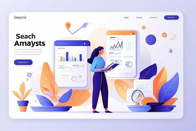Photo analyse seo concept plat moderne pour la conception de bannières web analyste féminine étudie les données sélectionne les mots-clés et optimise le site pour les requêtes de recherche populaires
