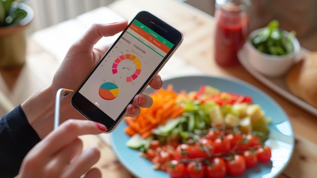 Photo analyser les données nutritionnelles sur une application smartphone tout en mangeant un repas sain