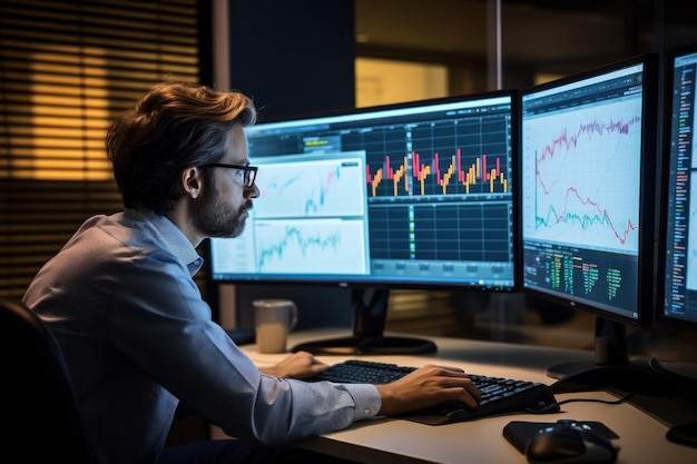 Photo analyste examinant les données financières sur les écrans