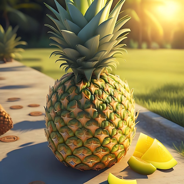 Ananas 3D photoréaliste Rendering détaillé avec des feuilles et une tige intactes capturant son aspect naturel