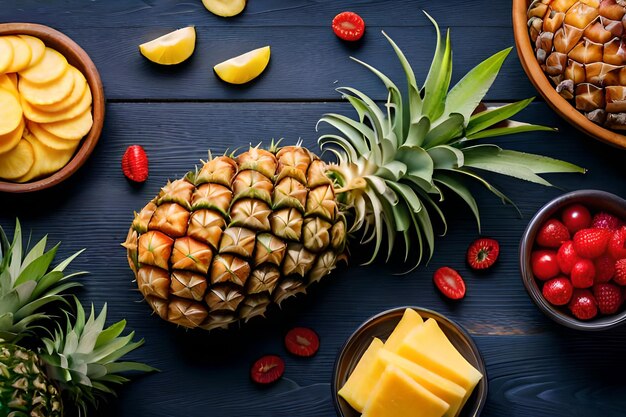 Photo un ananas avec de l'ananas et d'autres fruits sur une table bleue.