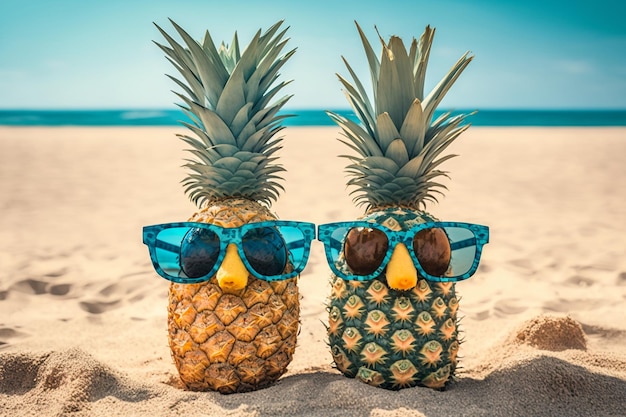 ananas attrayants sur le sable plage lunettes de soleilvacances d'été IA générative