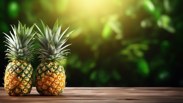 Ananas sur le bois sur fond vert flou