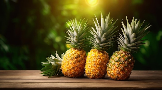 Ananas sur le bois sur fond vert flou