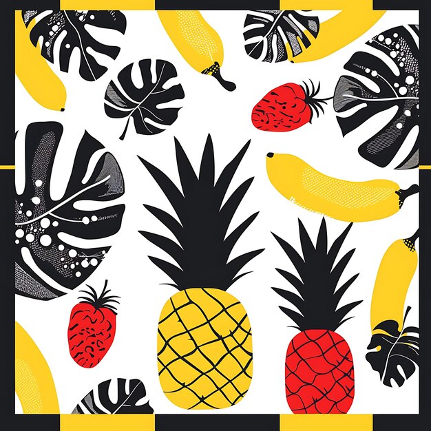 Ananas avec des bordures de feuilles de banane et des graphiques simples avec des carreaux de tatouage sans couture