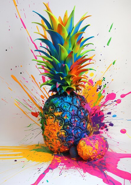 ananas de couleurs vives avec des éclats de peinture sur lui