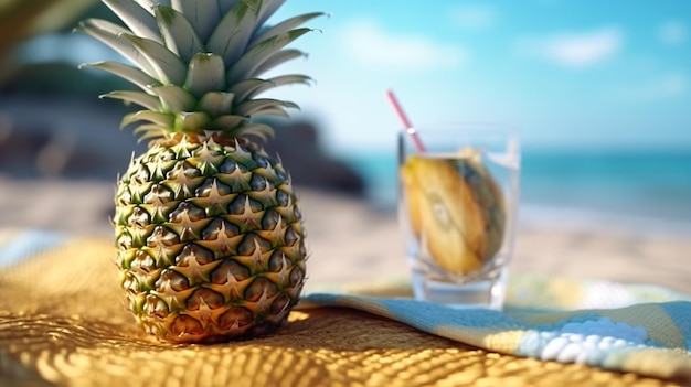 Ananas coupé en deux et une paire de lunettes de soleil conservées sur le sable avec un texte d'espace de copie Concept créatif d'été