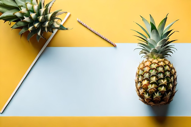 Photo un ananas et un couteau sur une table jaune.
