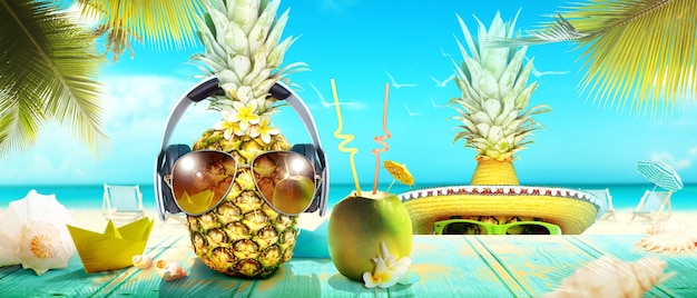 Ananas créatif avec des lunettes de soleil sur fond d'été.