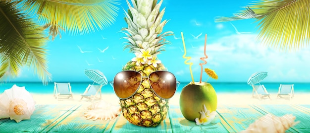 Ananas créatif avec des lunettes de soleil sur fond d'été