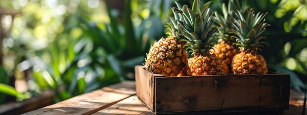 Photo des ananas dans une boîte sur un fond en bois