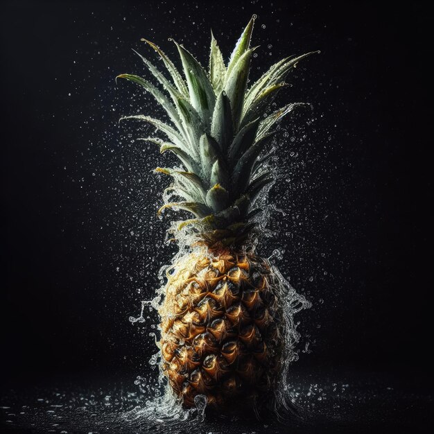 ananas dans l'eau éclaboussé sur noir