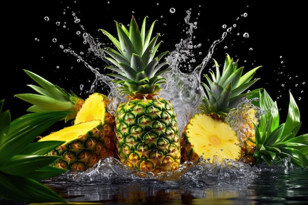 Ananas dans l'eau avec un fond noir