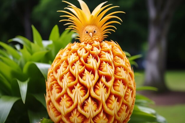 Ananas avec un dessin de fruit sculpté sur la peau