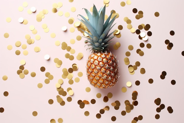 Photo ananas doré et confettis sur fond minimaliste