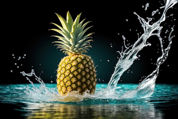 Ananas éclaboussant dans l'eau avec un fond noir