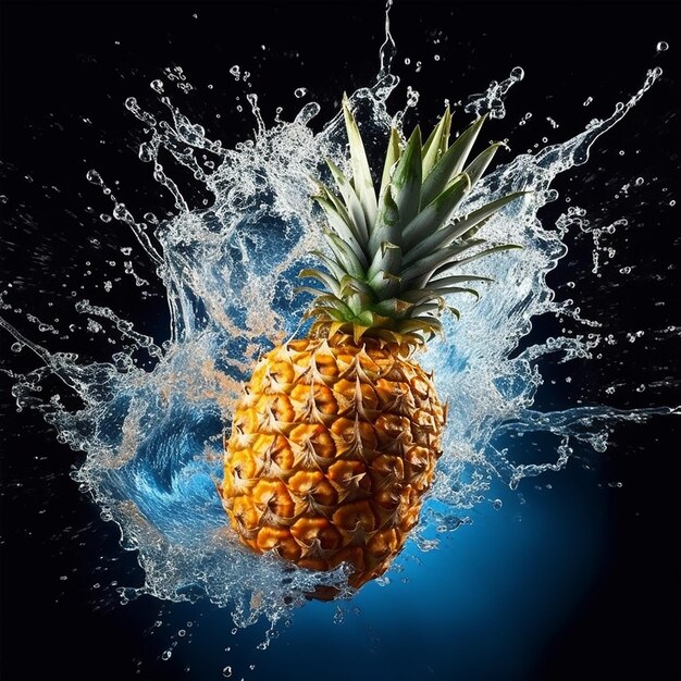 Un ananas éclaboussant dans une éclaboussure d'eau en forme de coeur.