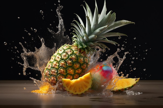 Un ananas éclaboussant dans une éclaboussure d'eau