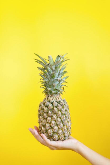 Ananas entier avec des feuilles sur les mains femme isolée sur fond jaune avec espace de copie