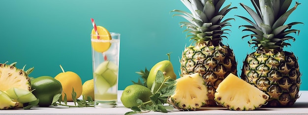 Un ananas est assis à côté d'un verre d'eau et d'une boisson avec un fruit en arrière-plan.