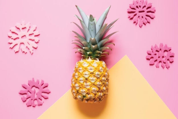 Un ananas est assis sur un fond rose et jaune avec des découpes de papier rose et jaune.