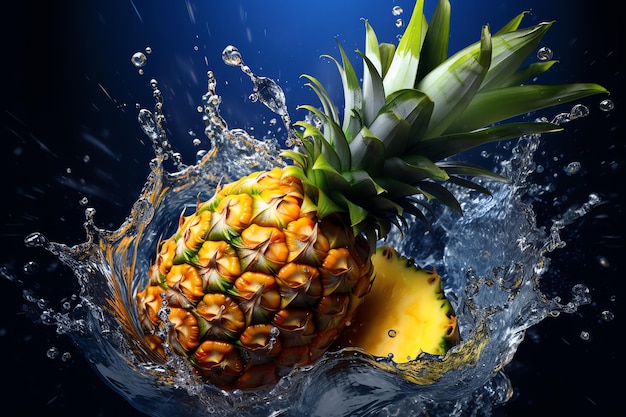 Un ananas est dans l'eau avec un fond bleu.