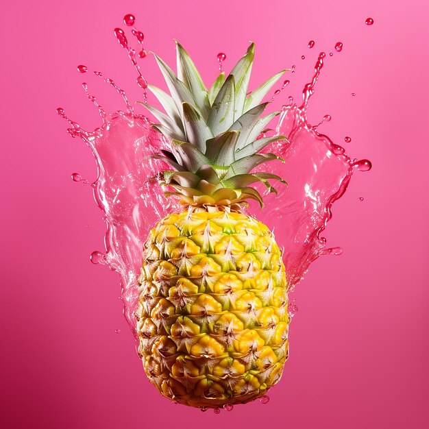 un ananas est éclaboussé d'eau sur un fond rose