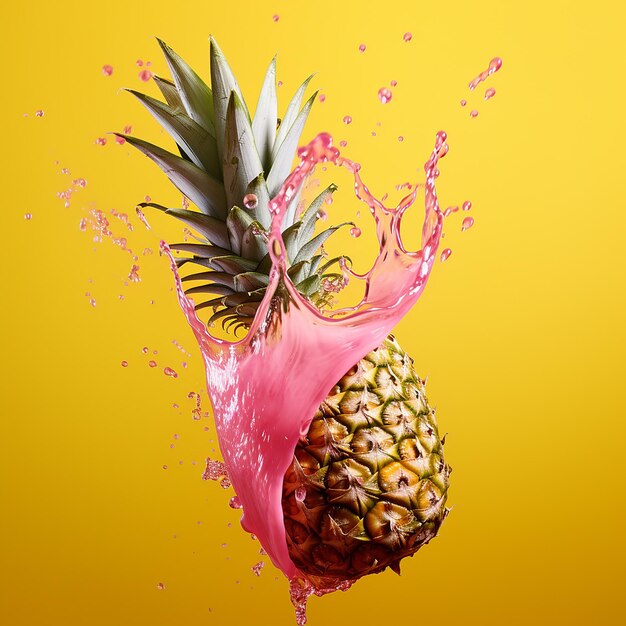 un ananas est éclaboussé d'eau sur un fond rose