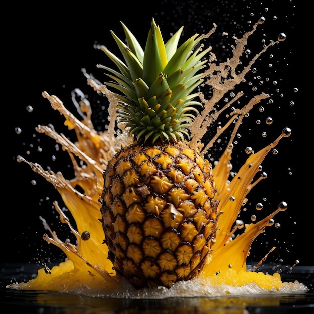 Un ananas est entouré d'eau et il est entouré d'un grand groupe d'éclaboussures.