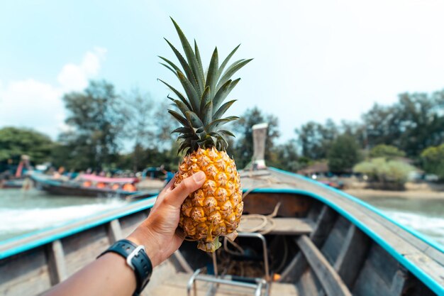 Ananas d'étéAnanas à la main sur un bateau en mer