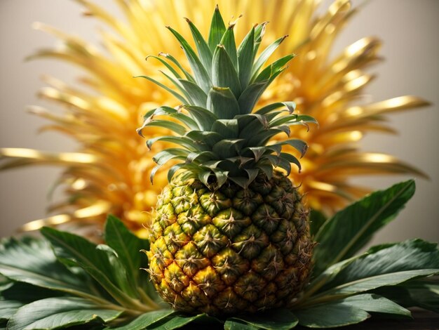 un ananas avec une fleur jaune en arrière-plan.