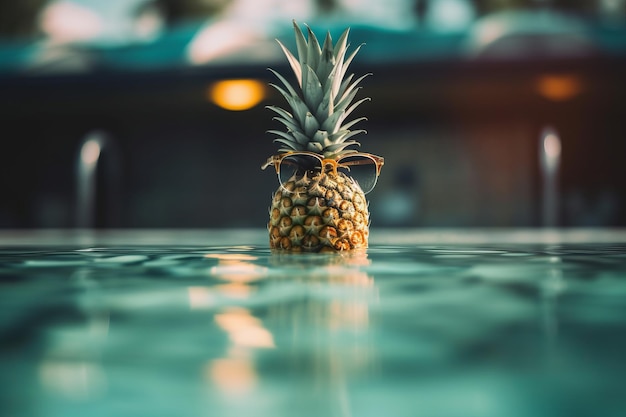 Un ananas flottant dans un bassin d'eau