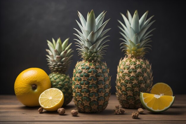 Ananas sur un fond en bois ai génératif