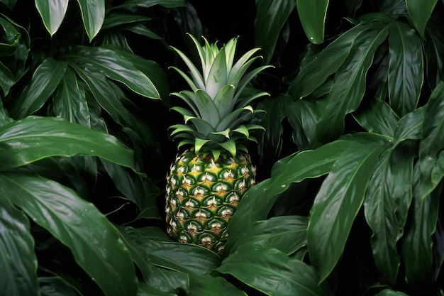 Photo ananas sur un fond de feuilles vertes concept d'été tropical