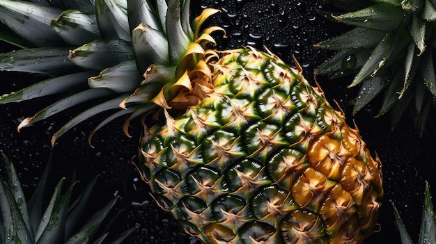 Ananas sur fond noir avec des gouttelettes d'eau