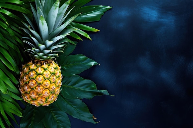 Ananas fraîchement coupé avec des feuilles tropicales sur fond bleu foncé généré par l'IA