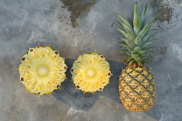 Photo ananas frais et coupé sur fond blanc vue supérieure