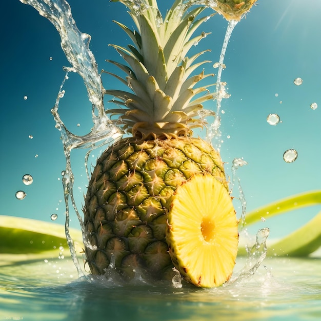 Un ananas avec des gouttes d'eau avec un éclaboussure