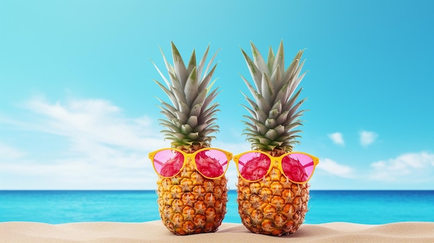 Ananas jumeaux aux textures vibrantes se dressant sur une plage de sable sur fond d'eaux bleues sereines de l'océan